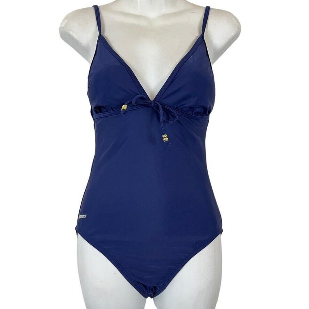 Speedo Womens One Piece Bathing Suit Swimsuit Navy Blue Sporty V-Neck sz 10